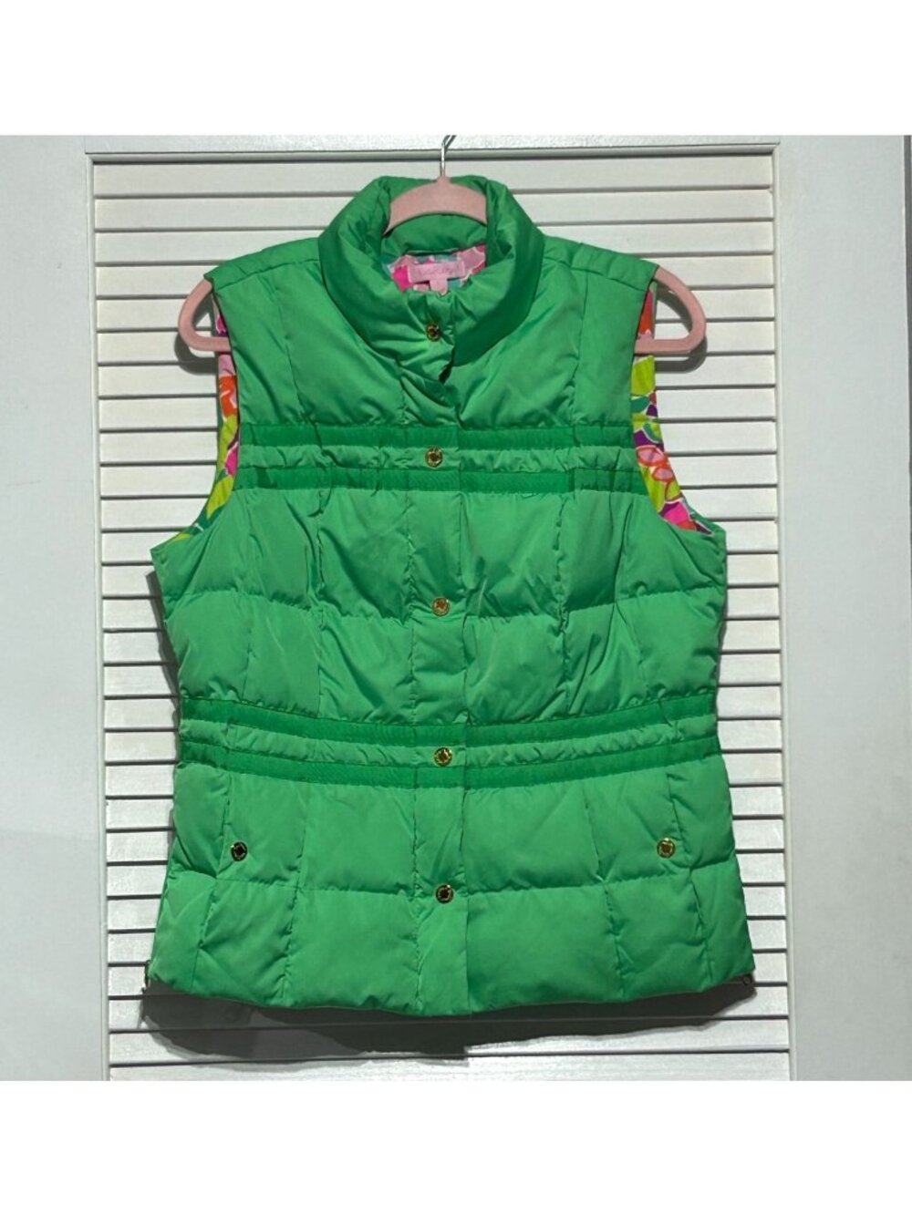 Lilly Pulitzer Kate Green Zip Snap Up Puffer Vest Preppy Gorpcore Size L 3046 - Picture 9 of 13